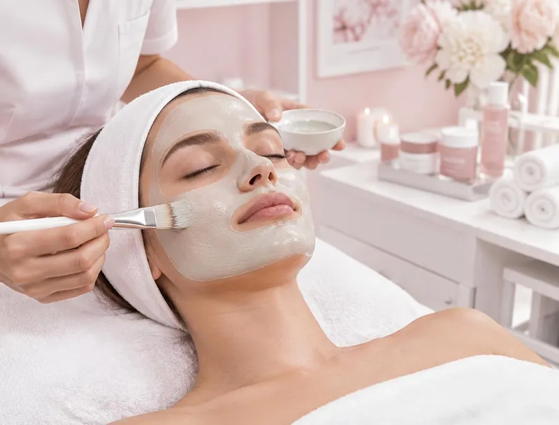 Clarifying treatment mask being applied during an acne facial at Serenity Med Spa