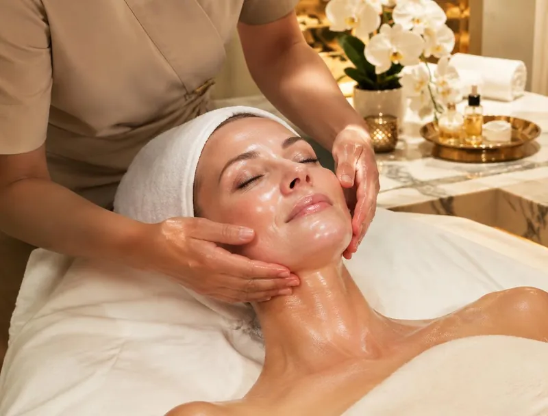 Client receiving a rejuvenating facial massage during an anti-aging facial