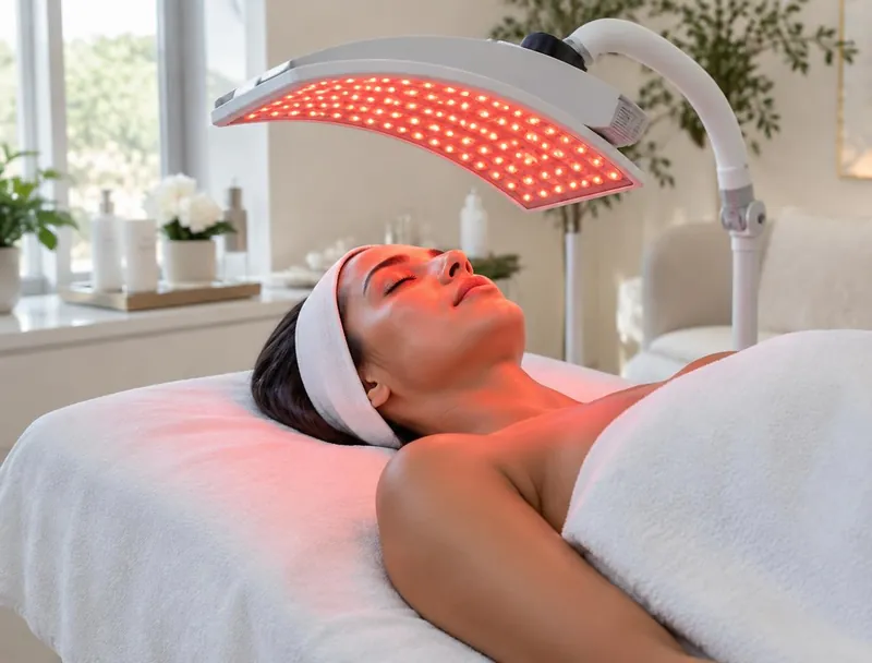 Client resting beneath a curved LED light therapy panel during a skin care session