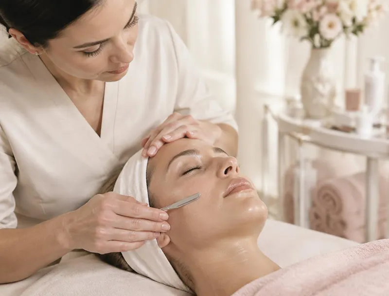 Esthetician exfoliating a client's cheek with a dermaplaning blade held at a shallow angle