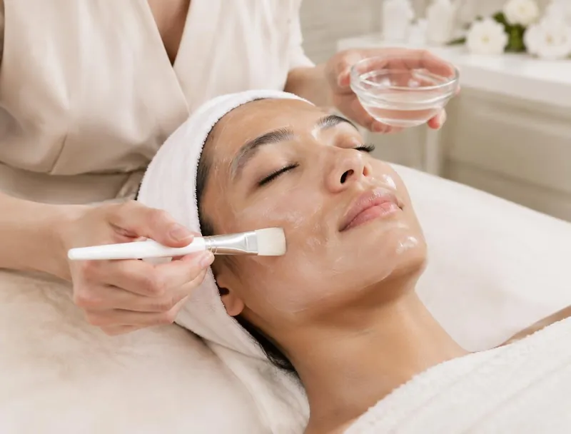 Esthetician applying a hydrating mask during a customized facial