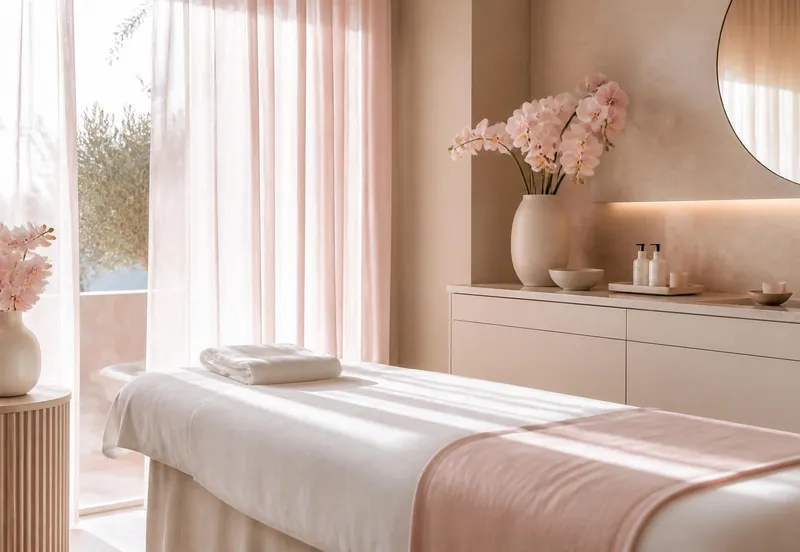 Softly lit treatment room at Serenity Med Spa with blush linens and orchids