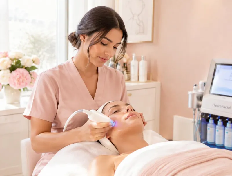 Esthetician performing a HydraFacial treatment on a client's cheek at Serenity Med Spa