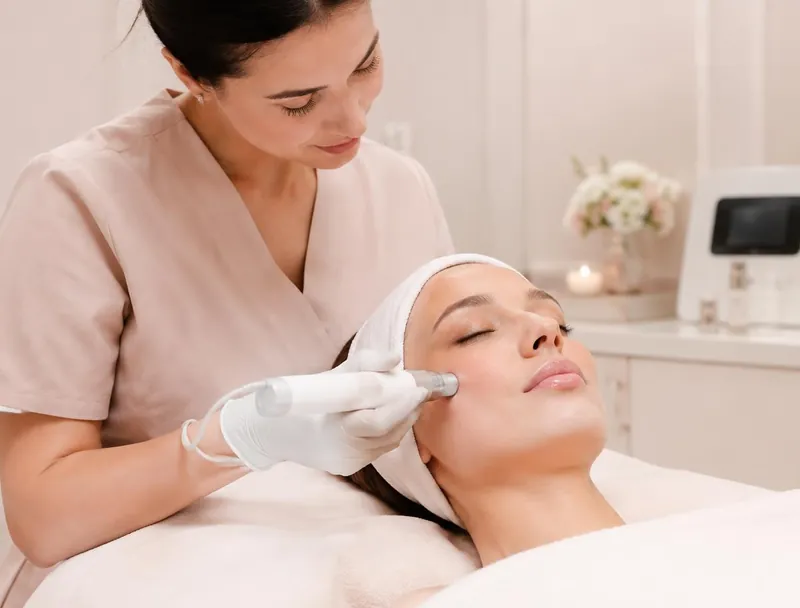 Provider treating a client's cheek with a microneedling handpiece in a calm treatment room
