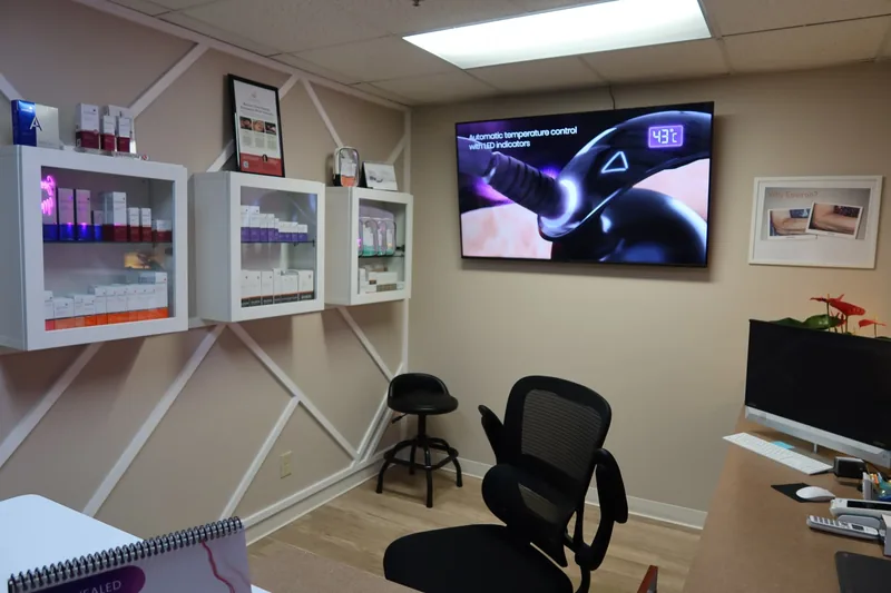 Skin care consultation area at Serenity Med Spa with product displays