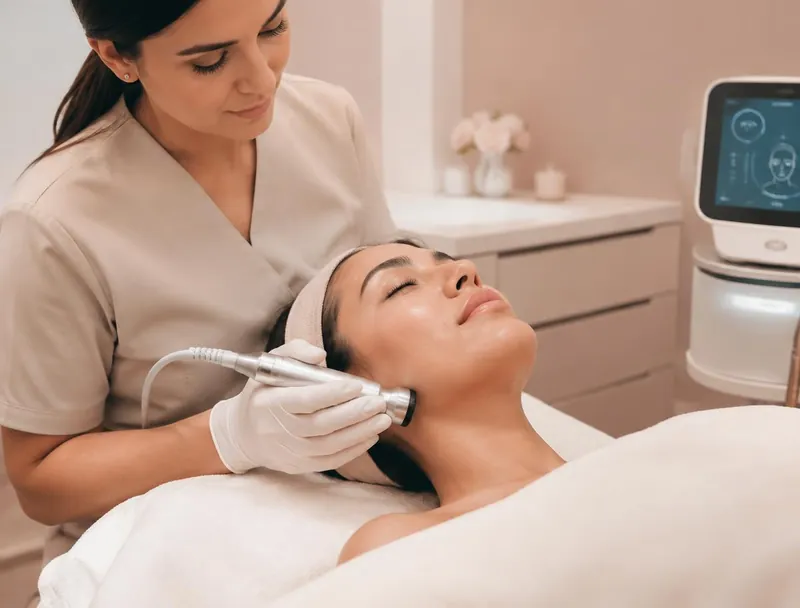 Provider gliding a radio frequency handpiece along a client's jawline during a skin tightening treatment