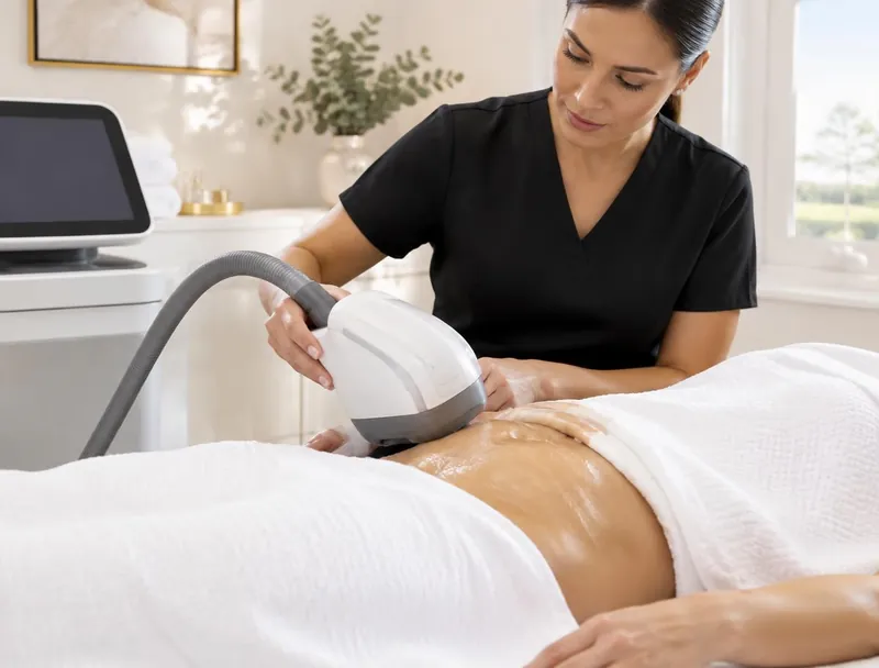 Provider using a non-invasive body contouring applicator on a client's abdomen