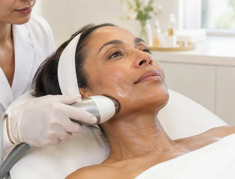 Provider using a non-invasive radio-frequency applicator along a client's jawline